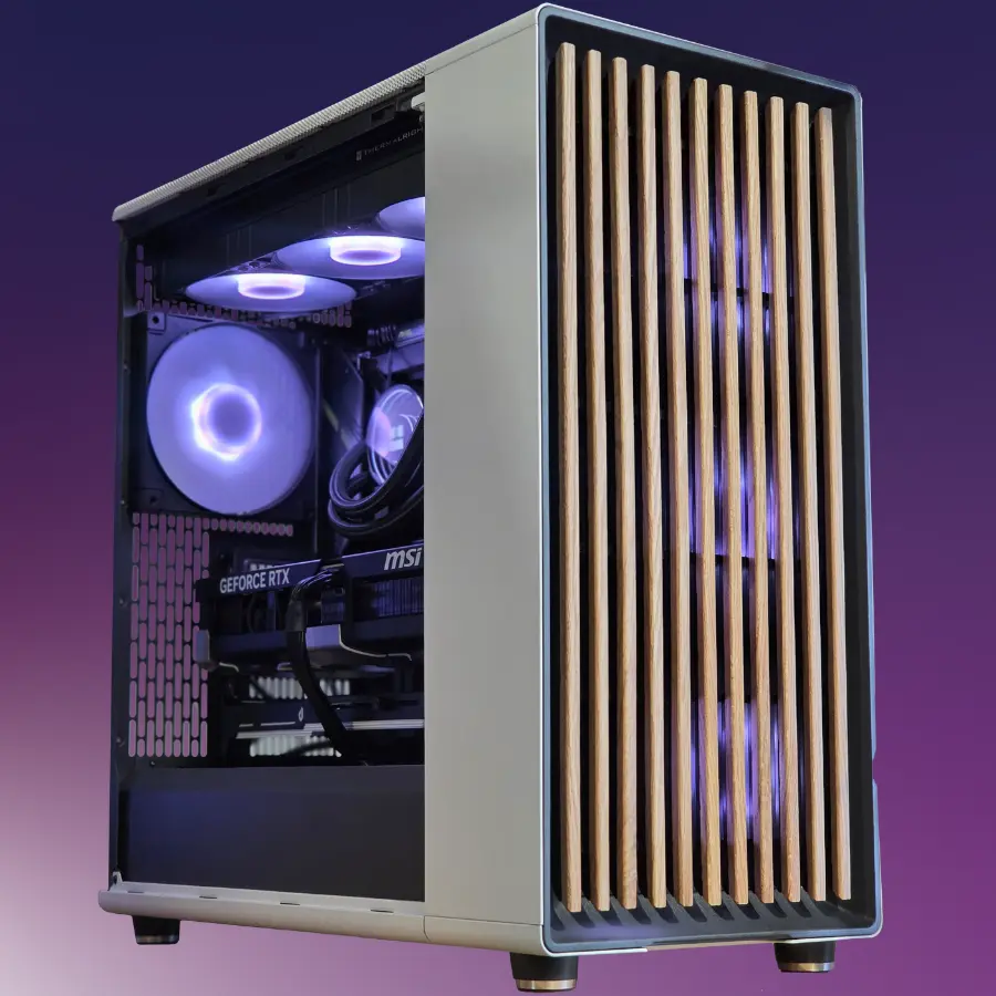 Boîtier blanc Fractal Design NORTH XL avec MSI NVIDIA GeForce RTX 5090 32 Go Intel i9-14800KF 64 Go DDR5 RAM 2 To NVMe SSD Bois véritable sur le boîtier du PC.