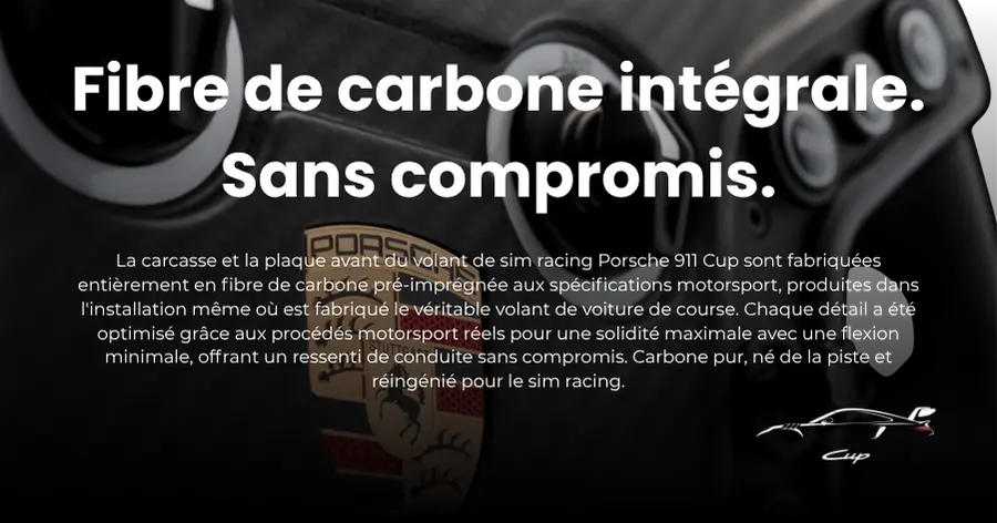 Volant de simulation de course Porsche 911 Cup sous licence officielle par VPG Sim -- Construction en fibre de carbone pré-imprégnée -- Achetez au Canada chez NOX Gaming - Fibre de carbone complète. Aucun compromis.