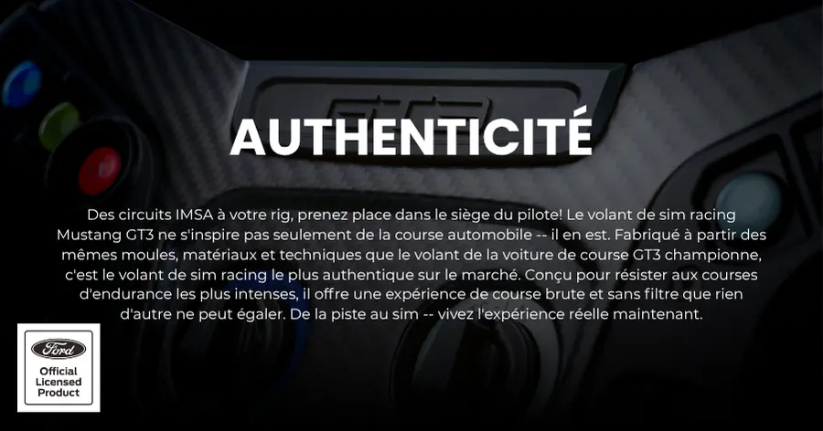 Volant usagé du Real Mustang GT3 IMSA pour la course de simulation par VPG Sim au Canada et en Amérique du Nord par NOX Gaming