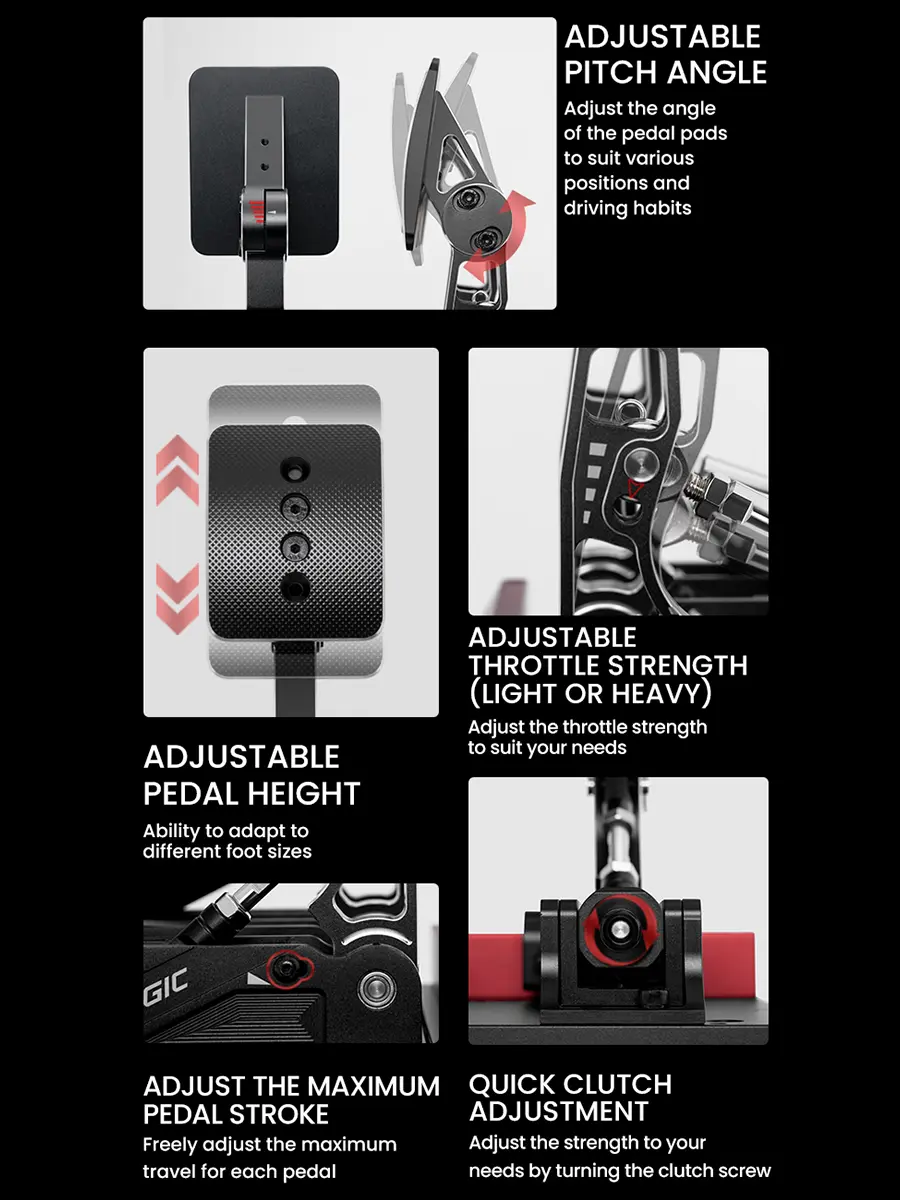 SIMAGIC P1000 Sim Racing Pedals Multiple adjustements possible with pedal plates angle height and pedal depth