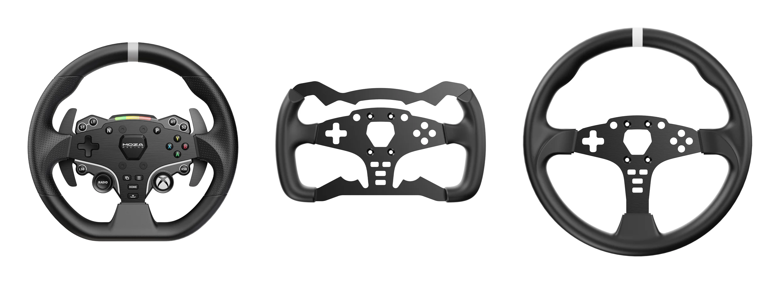 Le volant MOZA ESX à côté du jante ES Formula Wheel Mod et du jante Round Wheel Mod de 12 pouces, représenté à l’échelle