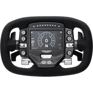 Vue de devant du volant de la SIMAGIC Aston Martin Valkyrie avec tableau de bord en arrière-plan